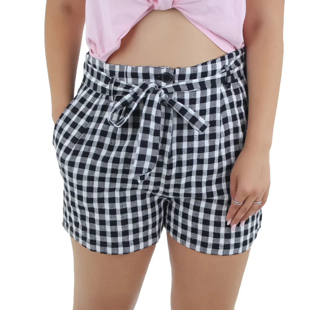 Rubberized Waist Grip Women's Tie Waist Checked Short,Black/White
