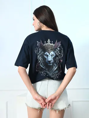 Classic 100% Cotton Lioness T-shirt ?C Navy Blue Beaded details Casual Statement