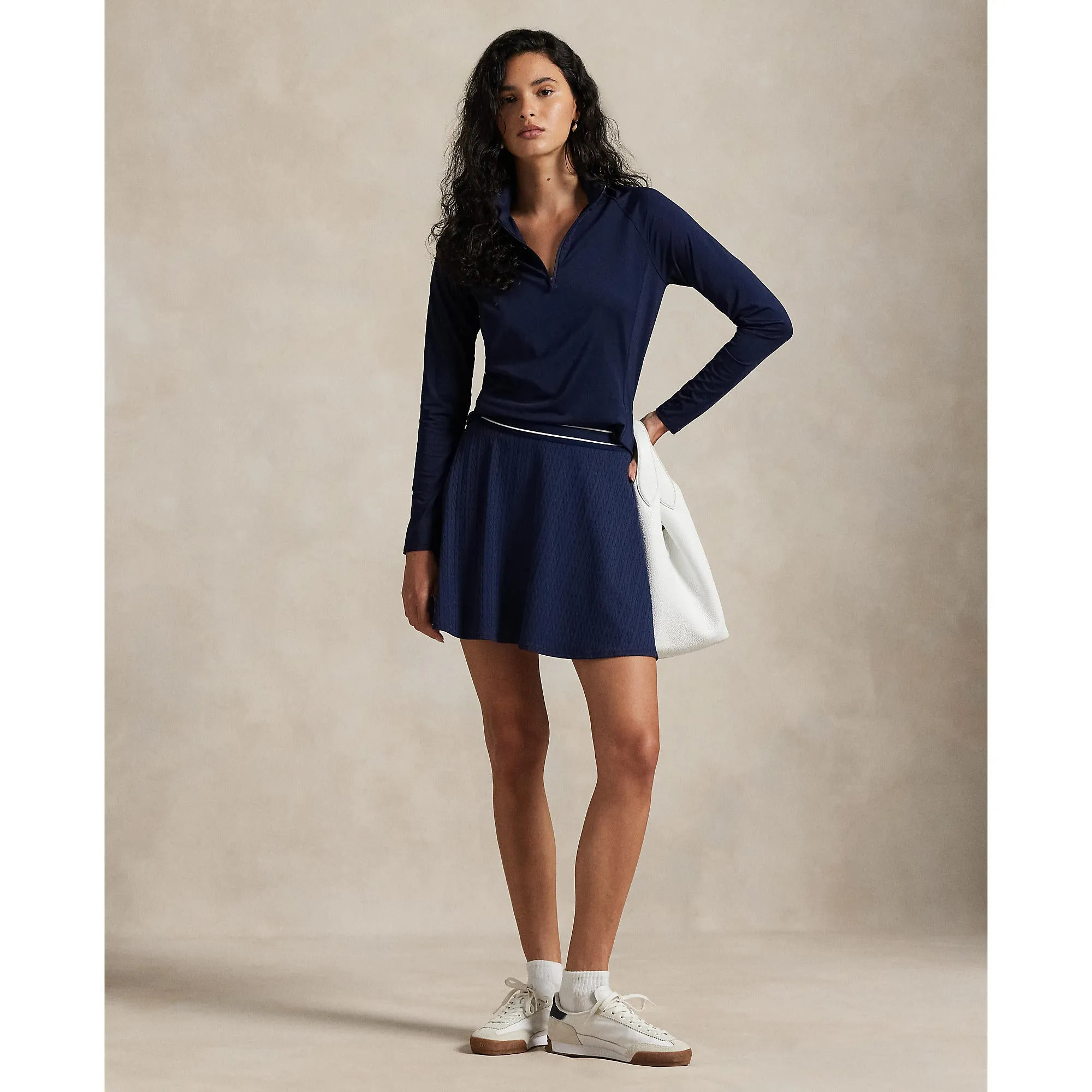 Slip Resistant Waist Adjustable Ties RLX Ralph Lauren Women's Active Cable Knit A-Line Golf Skort - Refined Navy/Ceramic White Multi
