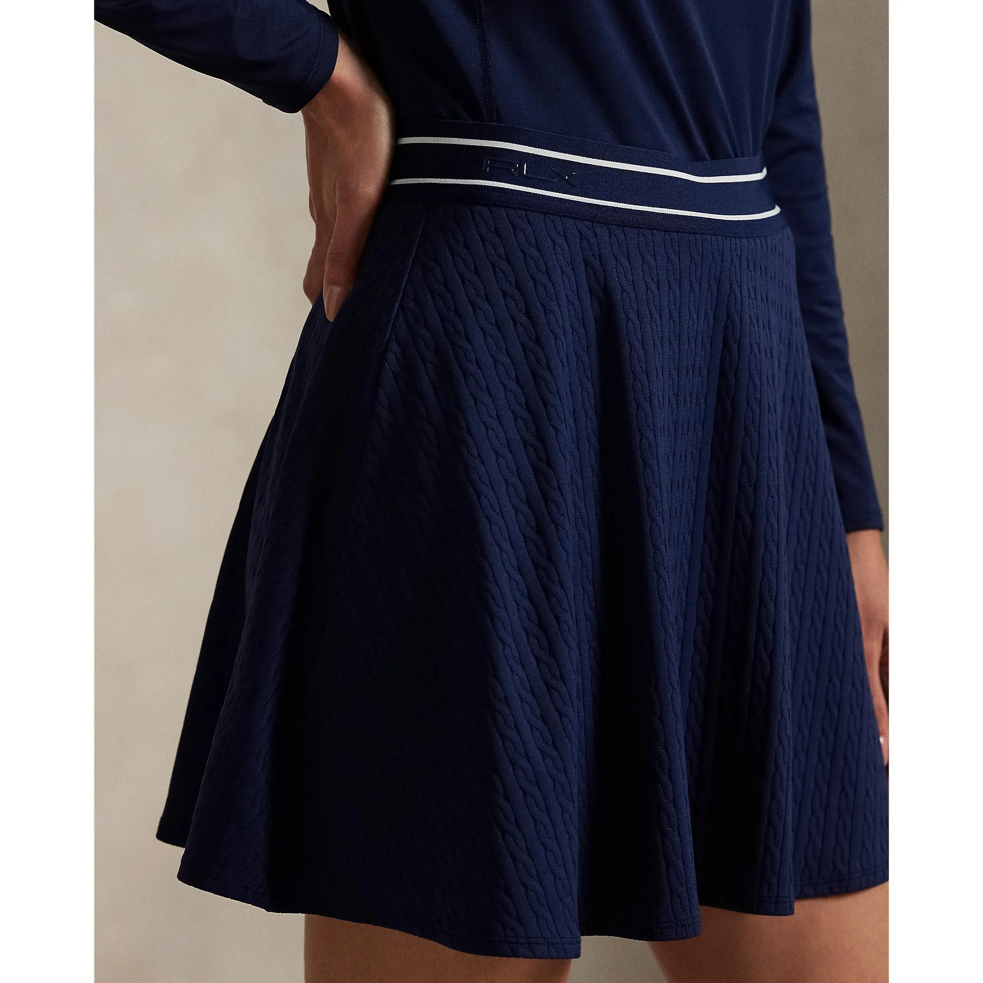 Evening Outing RLX Ralph Lauren Women's Active Cable Knit A-Line Golf Skort - Refined Navy/Ceramic White Multi