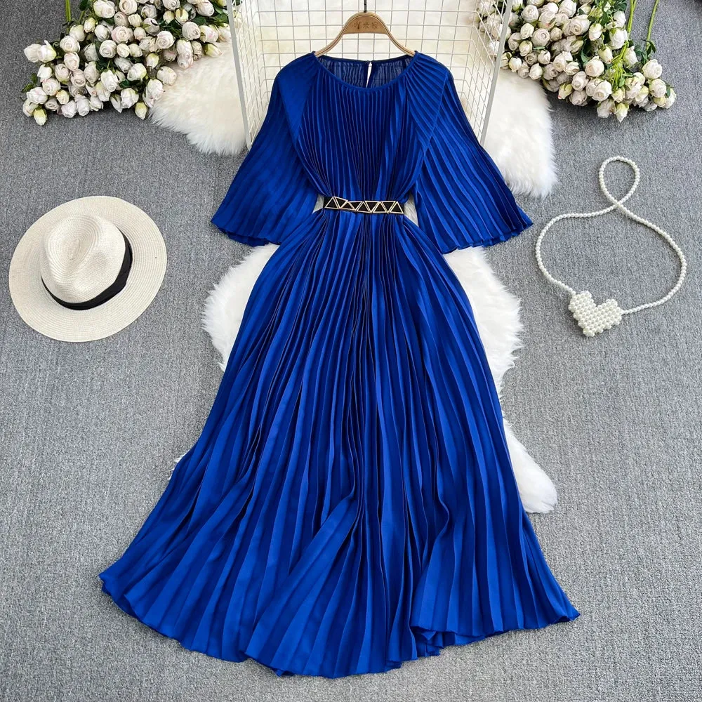 luxurious style, long sleeved round neck with waistband and slim A-line pleated dress, light and mature style, large swing, long Interchangeable-Detail