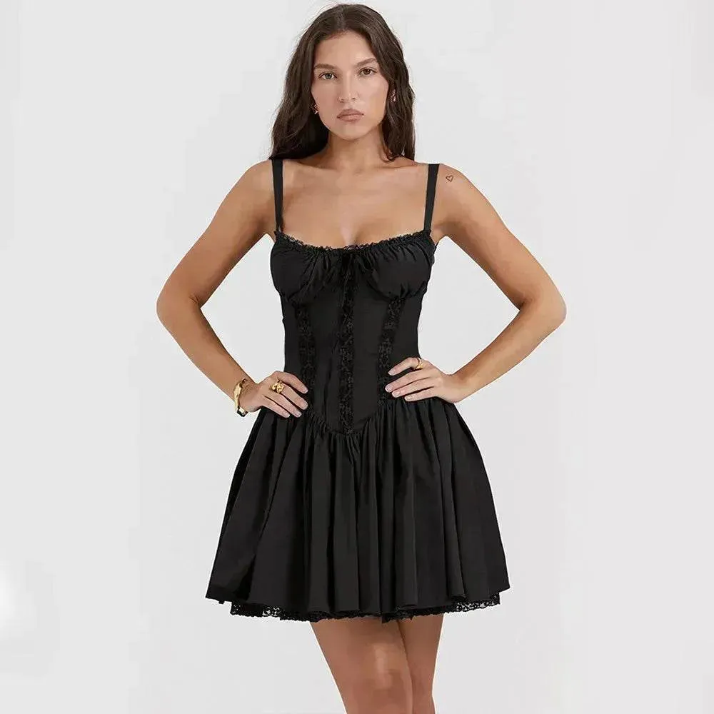 Elegant Chic Women Suspender Mini Skater Dress Summer Fashion Lace-up Slim Waist Pleated Short Dresses For Evening Party Cocktail Occasions Chic Fit