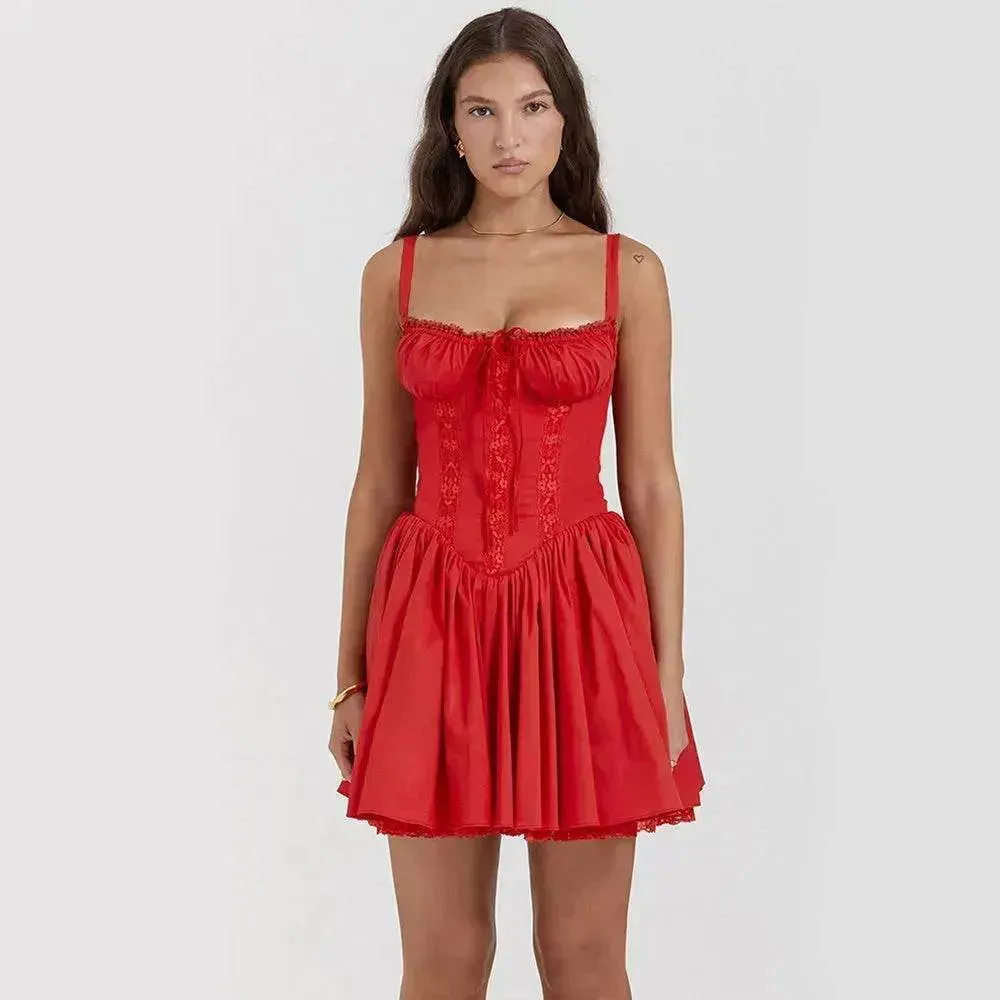Day Outfit Elegant Chic Women Suspender Mini Skater Dress Summer Fashion Lace-up Slim Waist Pleated Short Dresses For Evening Party Cocktail Occasions