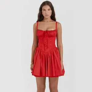 Day Outfit Elegant Chic Women Suspender Mini Skater Dress Summer Fashion Lace-up Slim Waist Pleated Short Dresses For Evening Party Cocktail Occasions