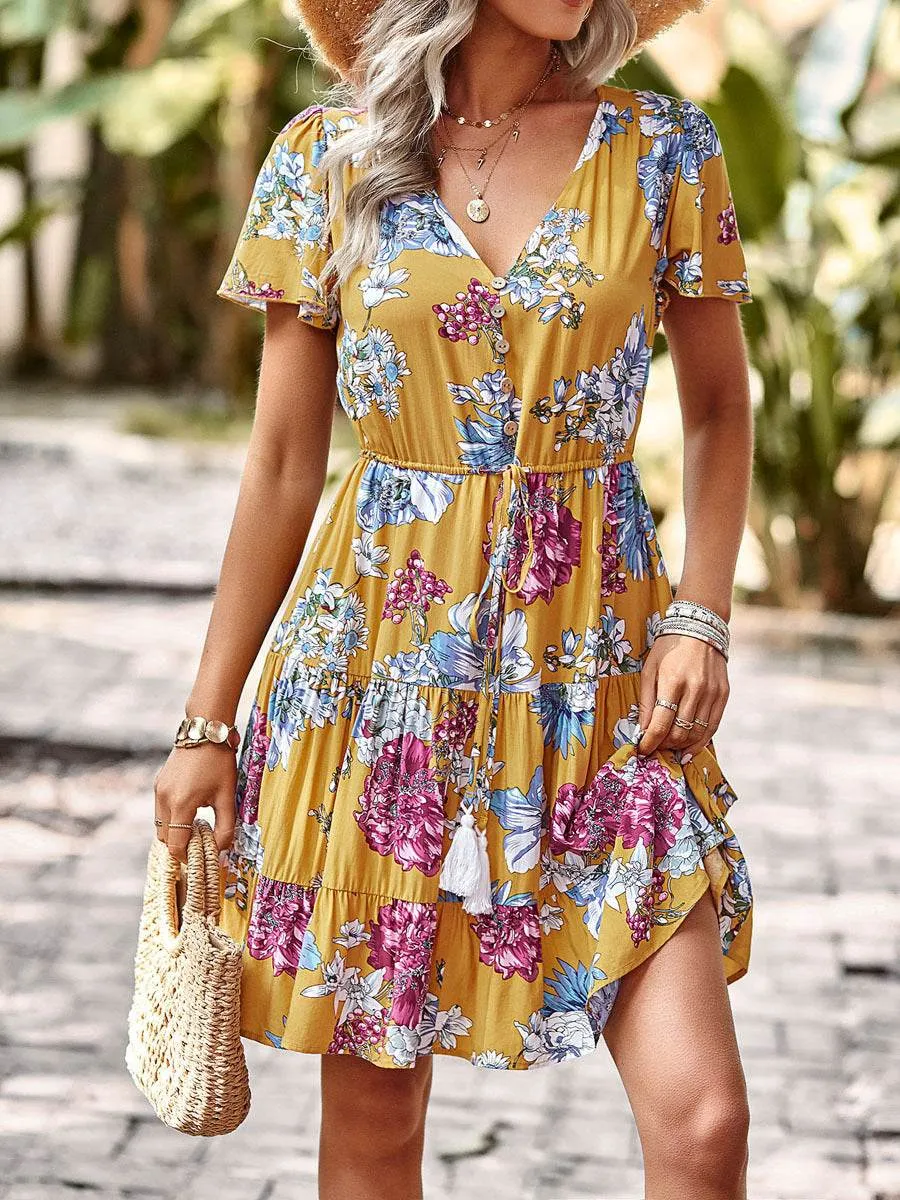 Shared Glow Style focused Women Casual floral summer dress  Printed V-neck short sleeve Mini Dress