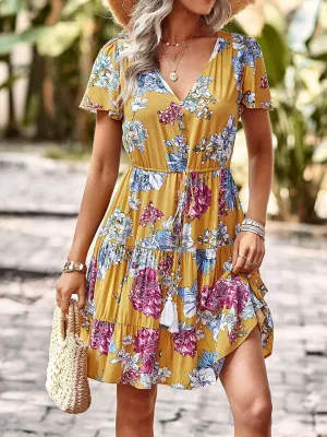 Shared Glow Style focused Women Casual floral summer dress  Printed V-neck short sleeve Mini Dress