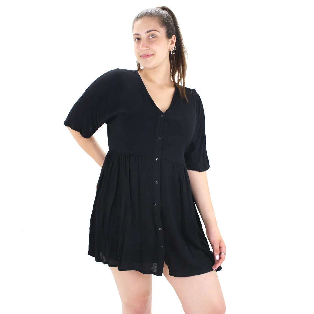 Eco Friendly Timeless Style Wear Women's Buttons Front Mini Ruffle Dress,Black