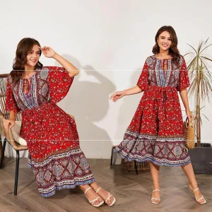 Modest Plus Size Summer dress V Neck Midi Beach boho Dress Classic Comfort City Mood