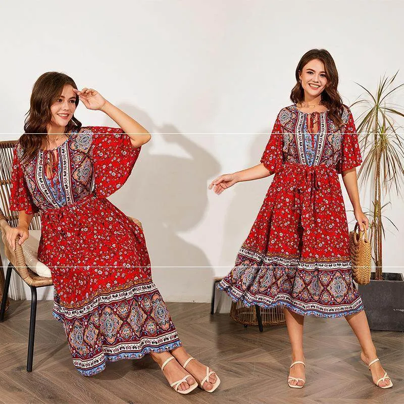 Pastel Sky Modest Plus Size Summer dress V Neck Midi Beach boho Dress