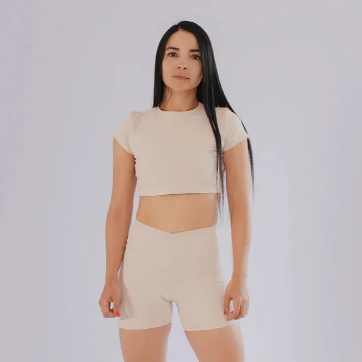 CROP TOP CUELLO REDONDO MANGA CORTA PARA MUJER Windproof seams Soft Elastic Band
