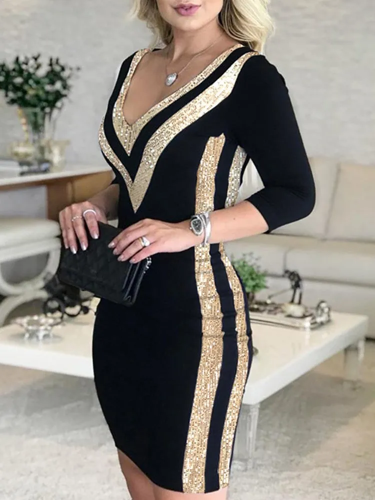 Contrast Striped Color Tape Bodycon Dress Women Sexy V Neck Dress UVProtectiveLayer Cozy Cut
