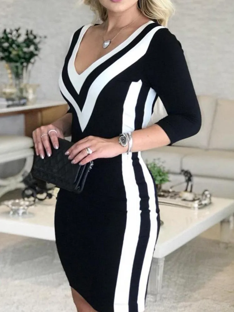 Contrast Striped Color Tape Bodycon Dress Women Sexy V Neck Dress Trend Smart Sleek Flow