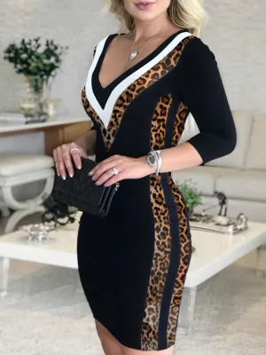 Bride Side Contrast Striped Color Tape Bodycon Dress Women Sexy V Neck Dress