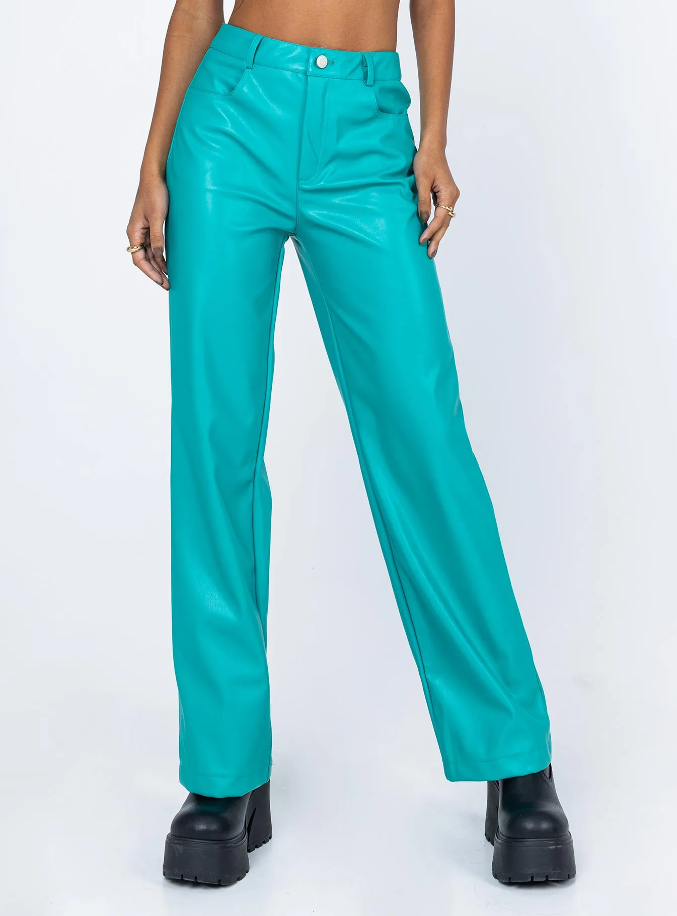 Johnson PU Pants Teal Casual Fit Design