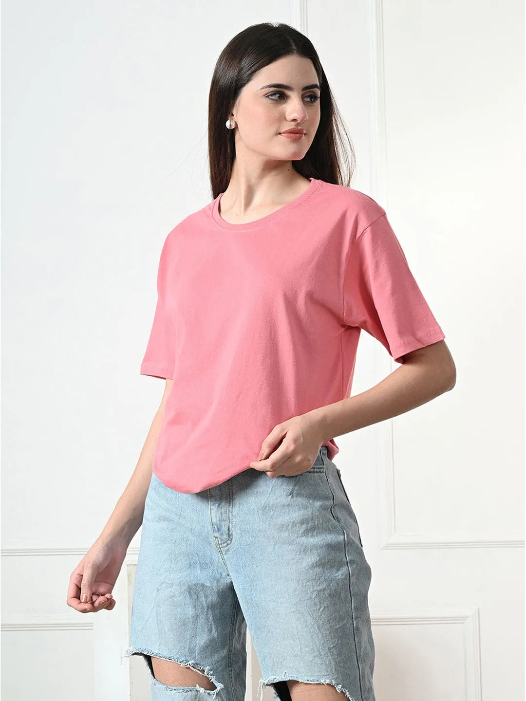 Street Trend Look Timeless 100% Cotton Solid T-shirt - Peach