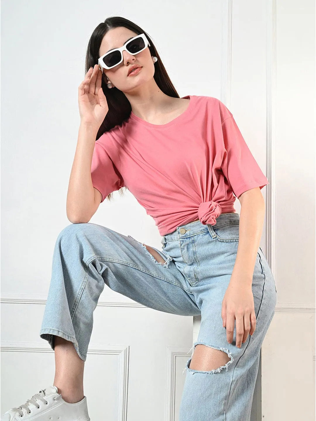 Timeless 100% Cotton Solid T-shirt - Peach sale season Casual Comfort Layer