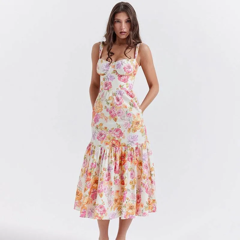 Spring And Summer Comely Pastoral Style Sling Floral A Swing Cake Dress Fit Vibe Smart Texture
