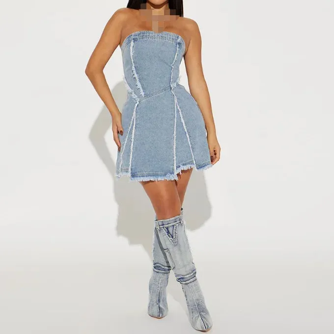 Sophisticated Line 2024 New Arrivals Stretch Washed Denim Dress Sleeveless Strapless Dress Off Shoulder Tube Dress For Ladies