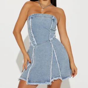 2024 New Arrivals Stretch Washed Denim Dress Sleeveless Strapless Dress Off Shoulder Tube Dress For Ladies Frayed-Edge Grab Now