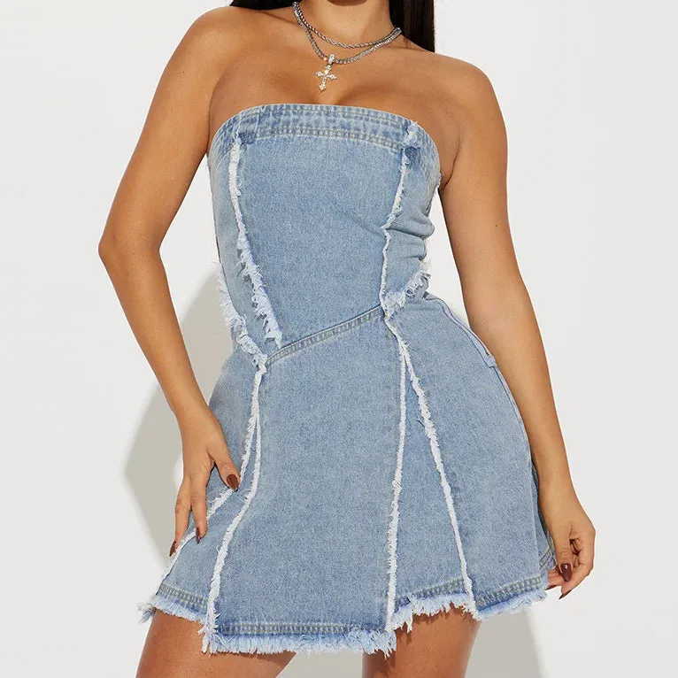 Flowing Design Fashionable Layer 2024 New Arrivals Stretch Washed Denim Dress Sleeveless Strapless Dress Off Shoulder Tube Dress For Ladies