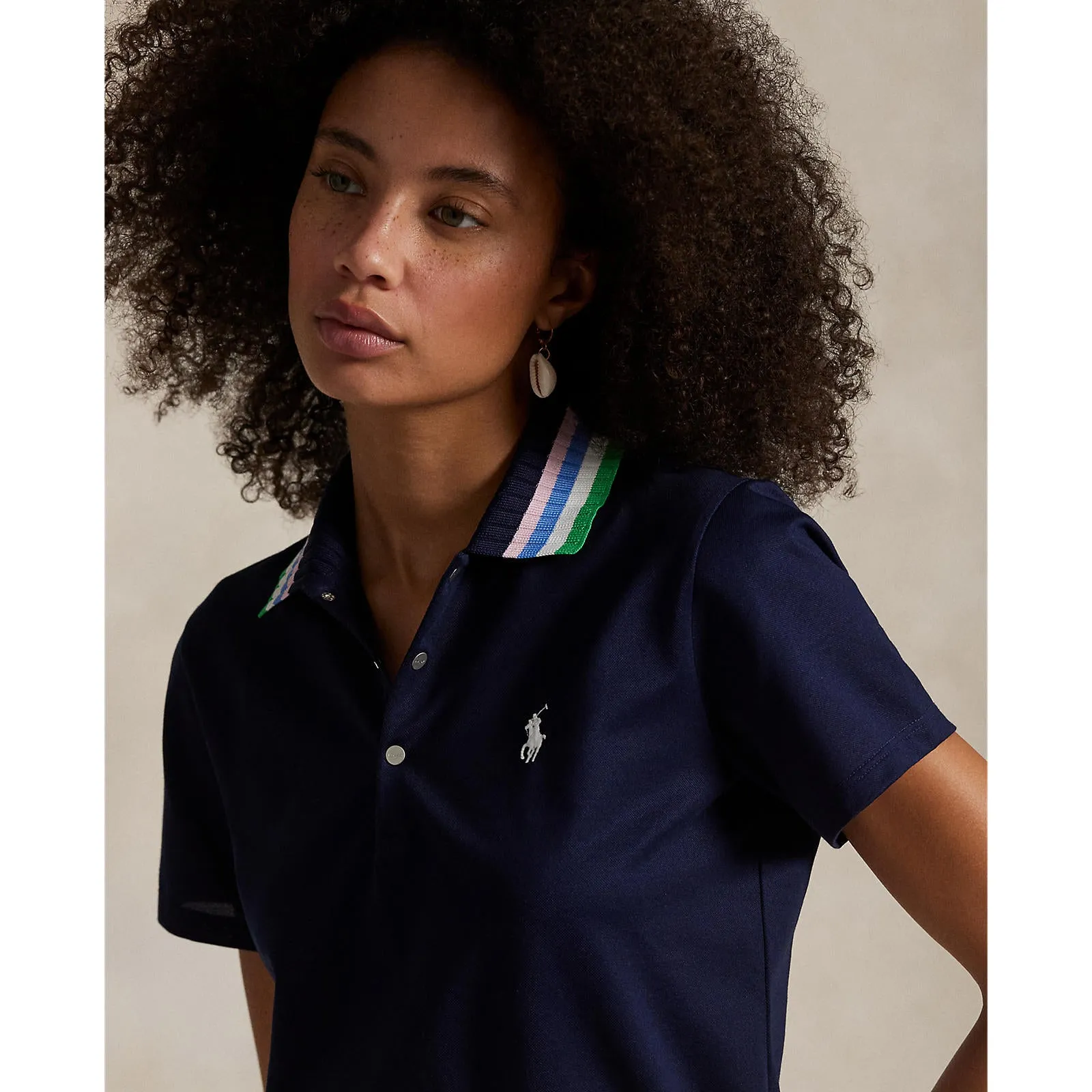 Cozy Fashion RLX Ralph Lauren Women's Tour Pique Knit-Collar Polo Golf Shirt - Refined Navy/Tiller Green Multi