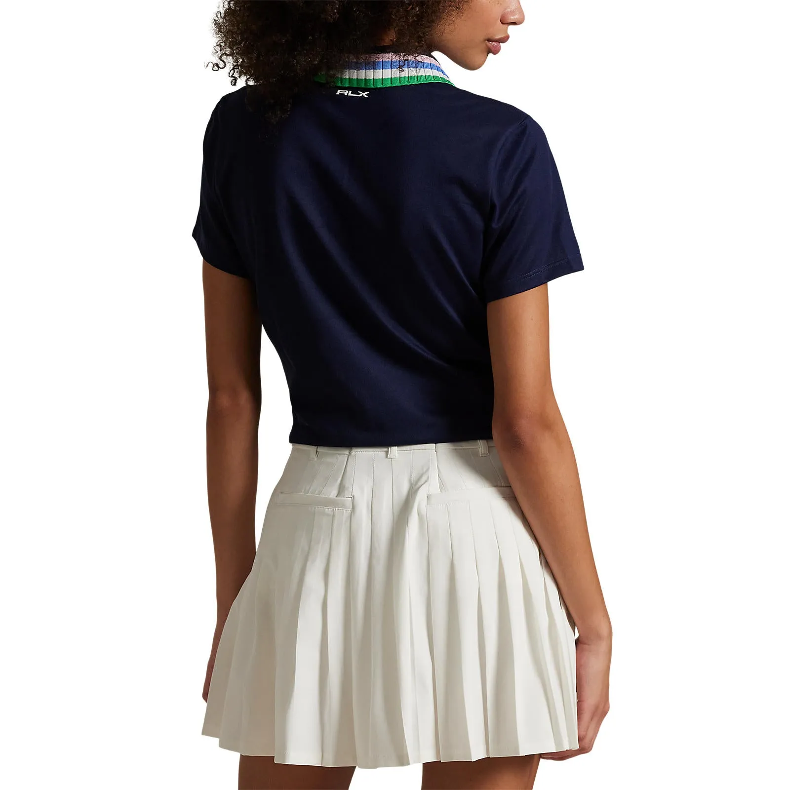 Joy Mood Flatlock stitching RLX Ralph Lauren Women's Tour Pique Knit-Collar Polo Golf Shirt - Refined Navy/Tiller Green Multi