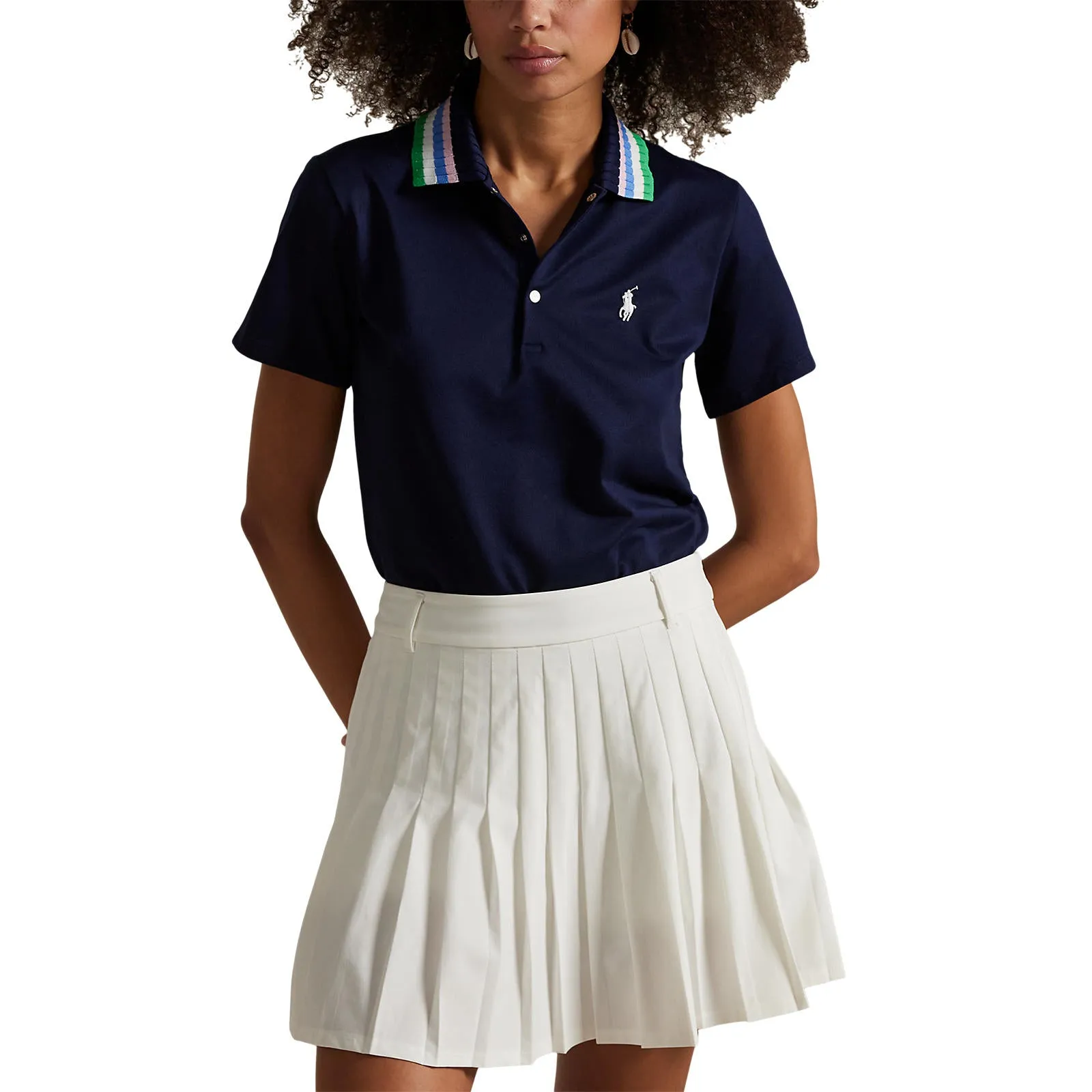 HighElasticity MultiPocket System RLX Ralph Lauren Women's Tour Pique Knit-Collar Polo Golf Shirt - Refined Navy/Tiller Green Multi
