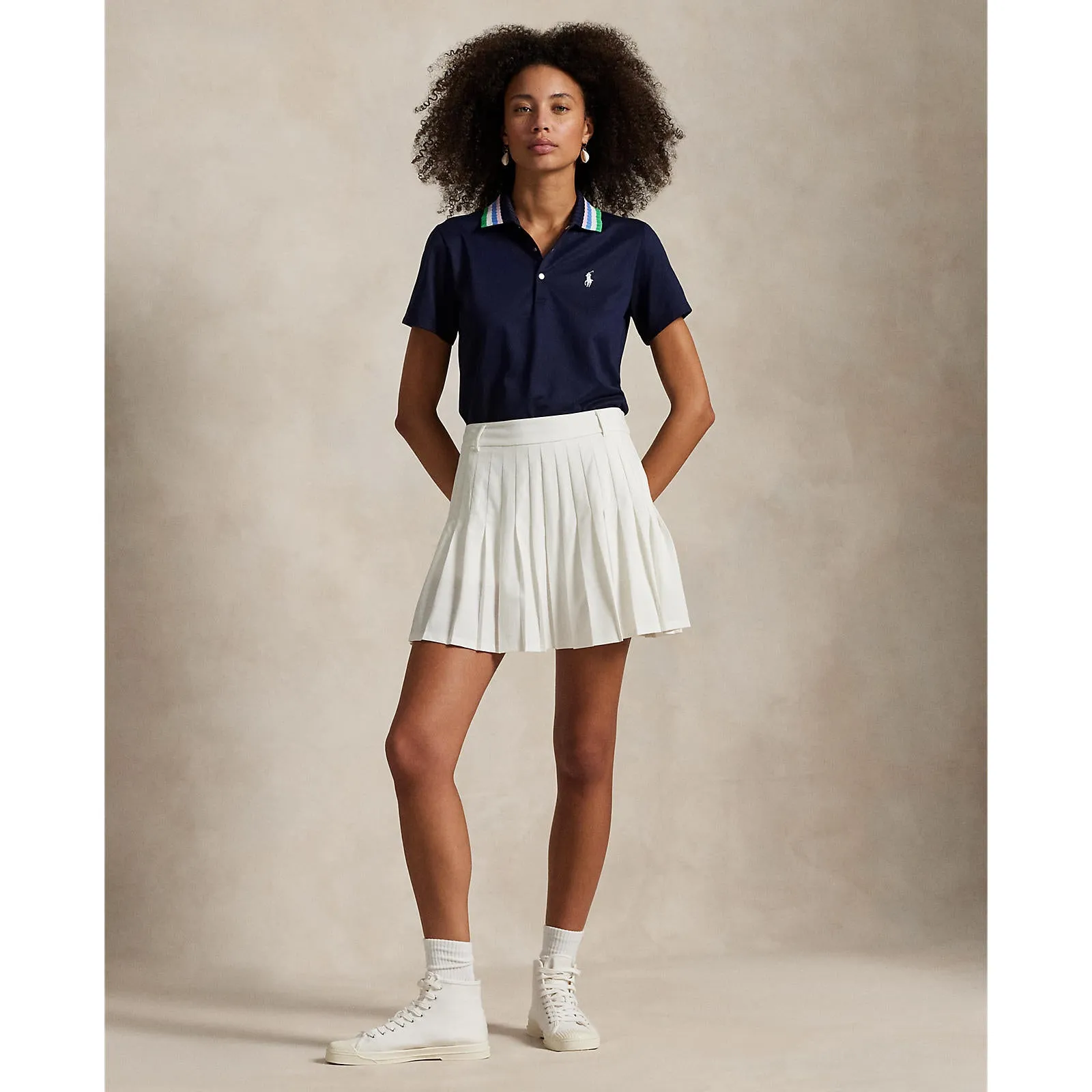 Art Mood Professional Fit RLX Ralph Lauren Women's Tour Pique Knit-Collar Polo Golf Shirt - Refined Navy/Tiller Green Multi