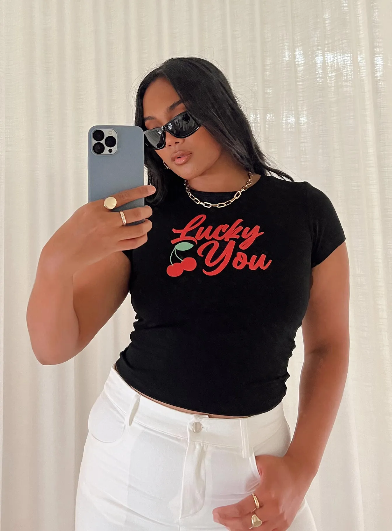 Relax Fit Design Modern Comfort Style Lucky You Cherry Tee Black