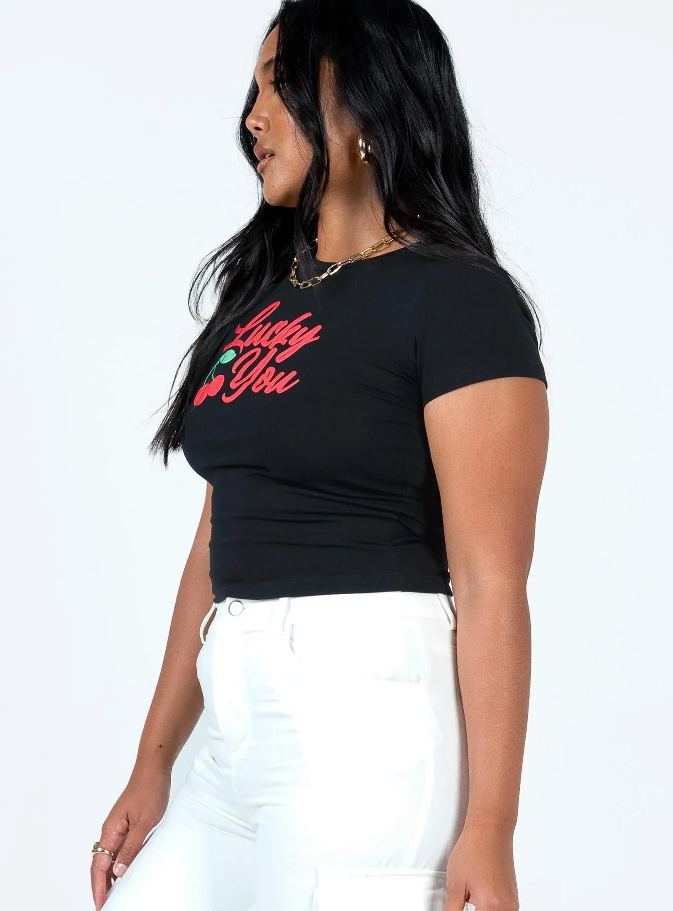 Lucky You Cherry Tee Black Stylish and Easygoing
