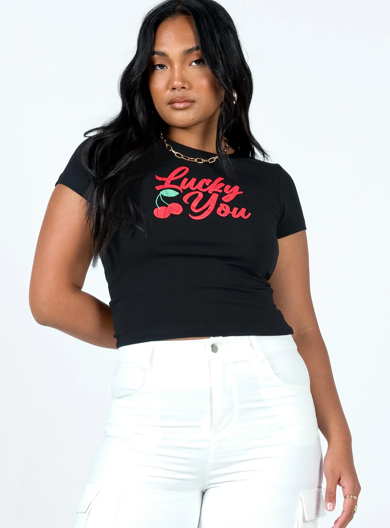 Comfortable and Chic Lucky You Cherry Tee Black