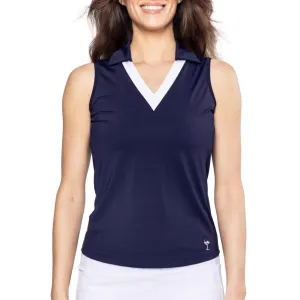 Outdoor Fashion MatteFinishTexture Golftini Women's Say Yes Sleeveless Golf Polo Shirt - Navy/White