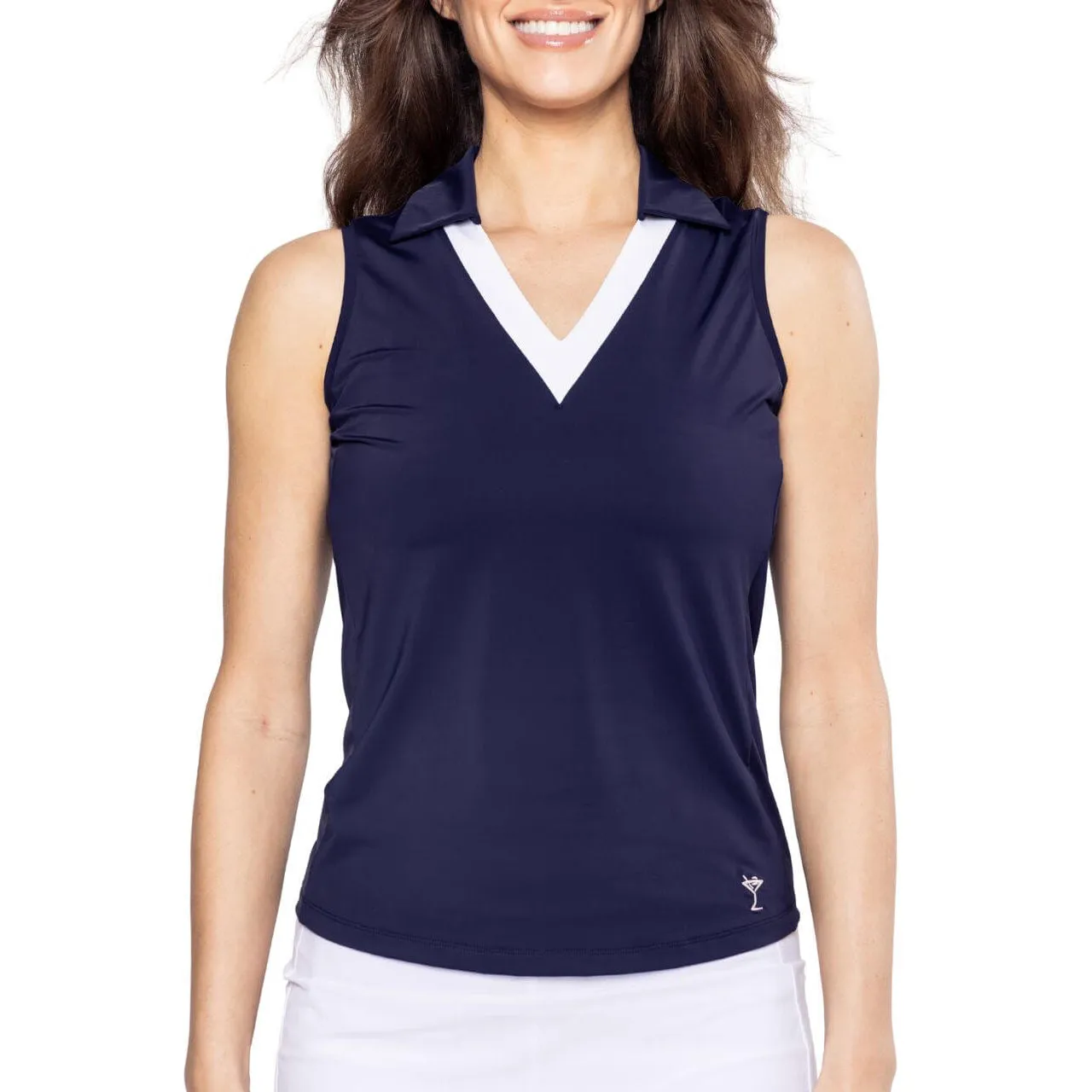 Outdoor Fashion MatteFinishTexture Golftini Women's Say Yes Sleeveless Golf Polo Shirt - Navy/White