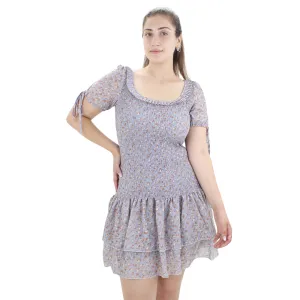 Women's Smocked Floral Ruffle Hem Dress,Grey Joyful Look