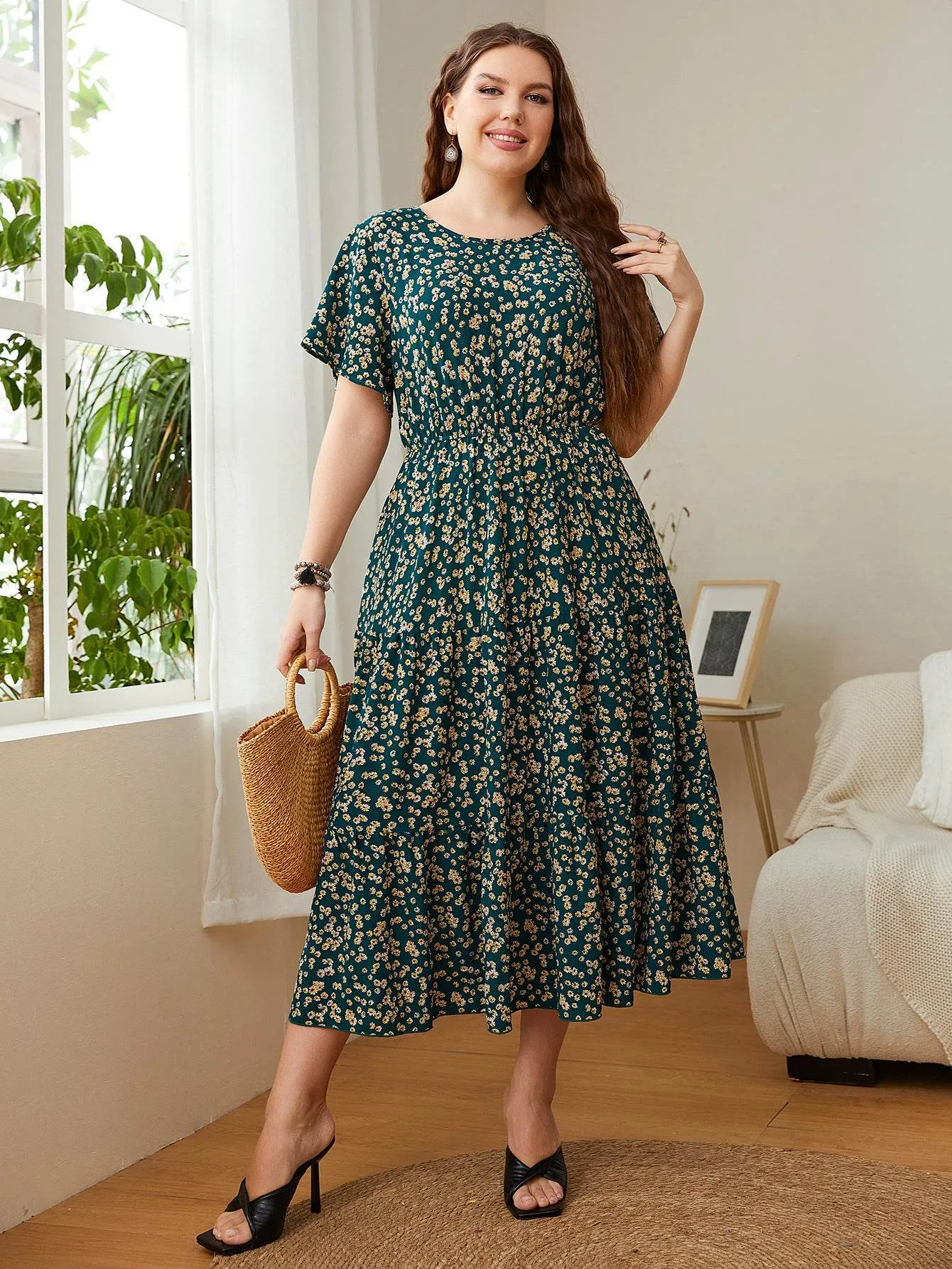 Summer Plus Size Women Floral Printed Midi Dresses Stylish Design Knit Cool