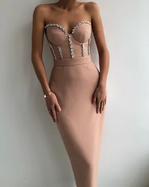 BY2262 Hot Selling Off The Shoulder Diamonds Crystal Midi Sexy Bodycon Bandage Dress High Quality Dresses Chic Tailoring Design