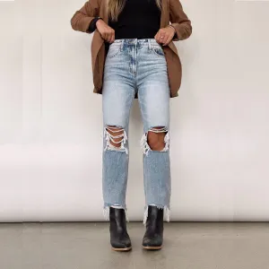 EcoFriendlyMaterial Water Washed Hole High Waist Loose Straight Trousers