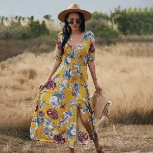 Geometric-pattern Classic sheath dress Floral Summer Beach Dress With V Neck Elastic Waist Dresses For Women