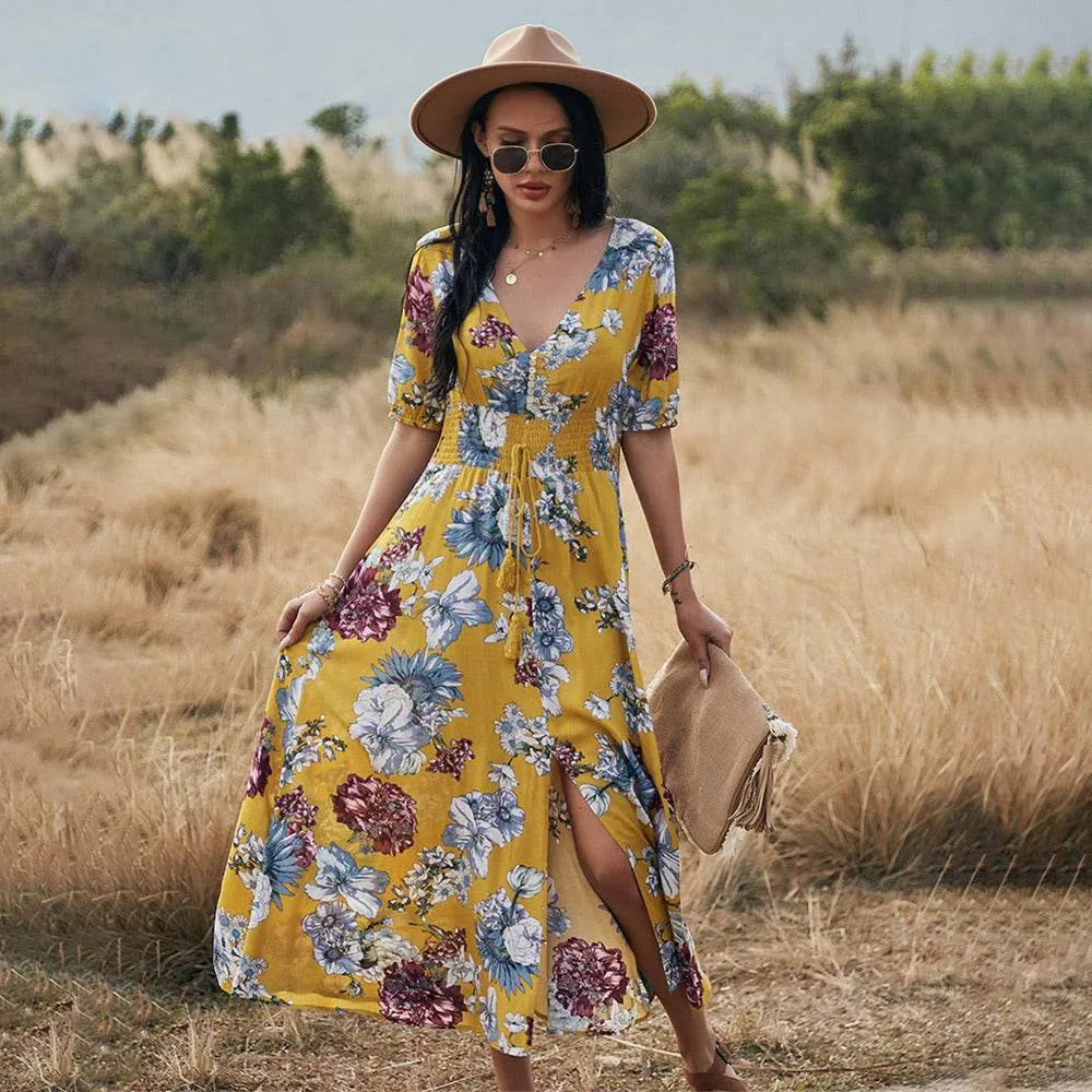 Geometric-pattern Classic sheath dress Floral Summer Beach Dress With V Neck Elastic Waist Dresses For Women