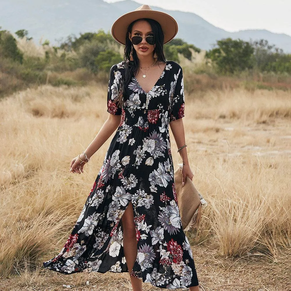 Floral Summer Beach Dress With V Neck Elastic Waist Dresses For Women Birthday-Celebration