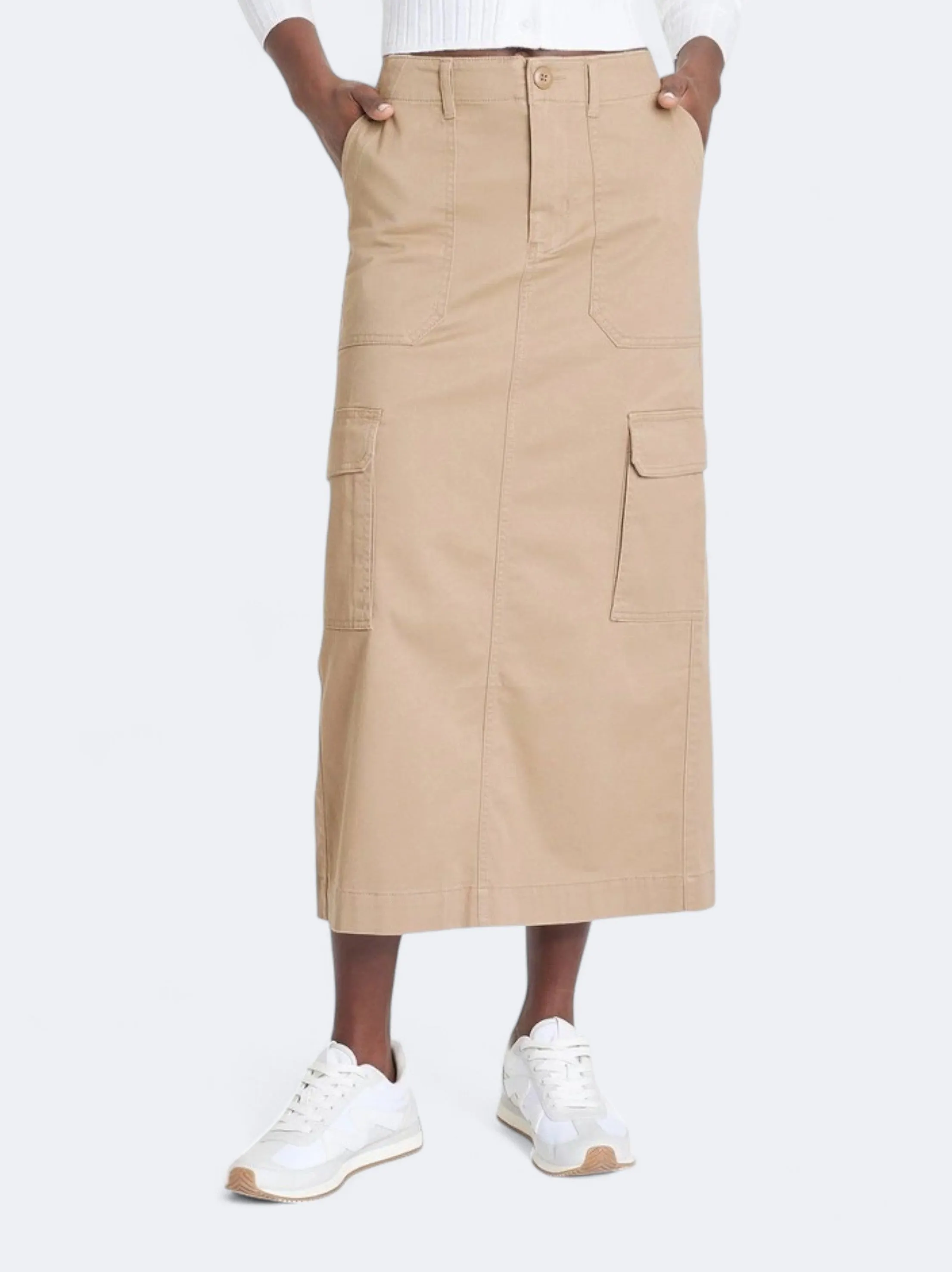 Urban Fashion Double Layer Women's Plain Cargo Midi Skirts,Dark Beige