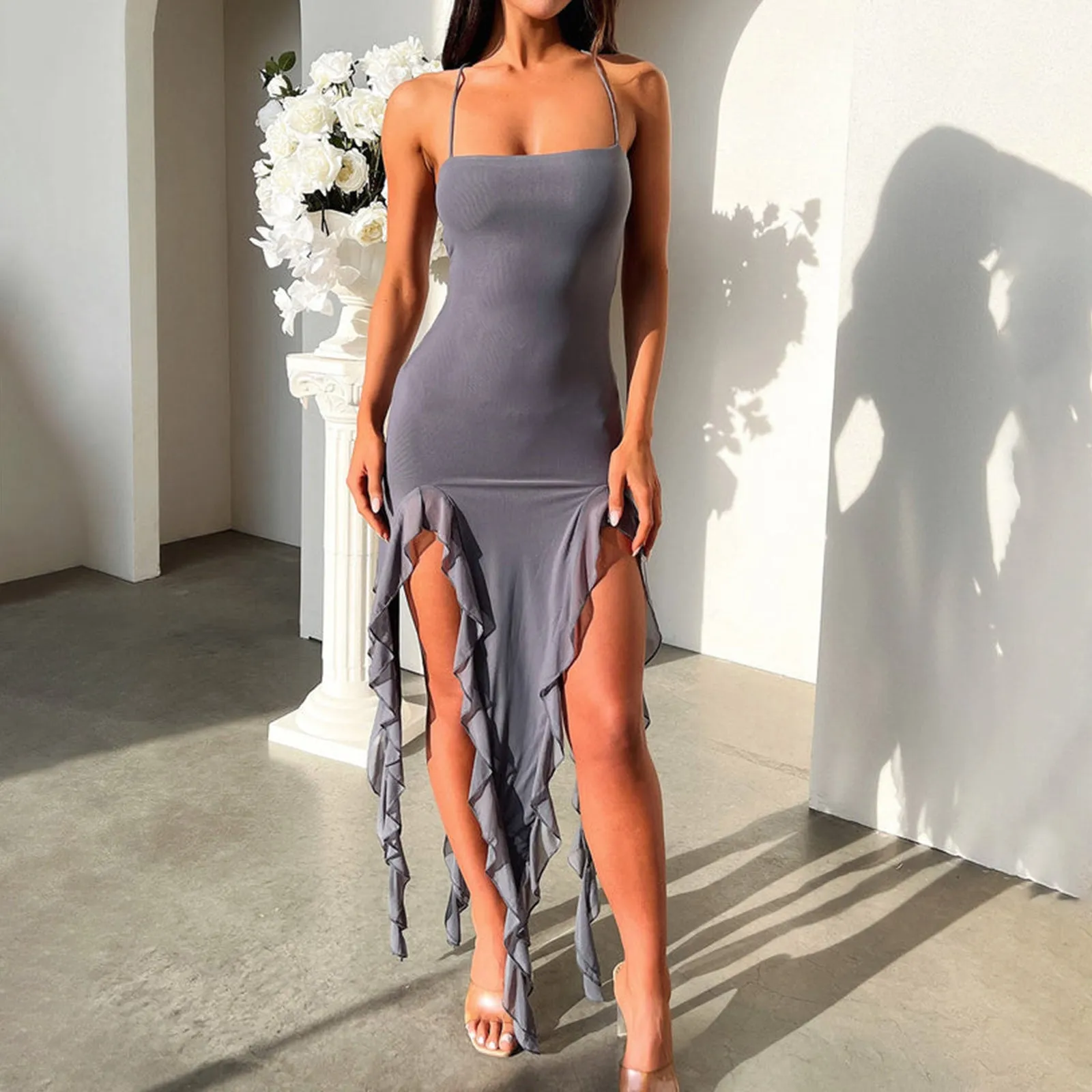 Sexy Suspender Tight Slim Skirt Fashion Split Ruffle Design Dress Summer Womens Clothing Figure-Skimming