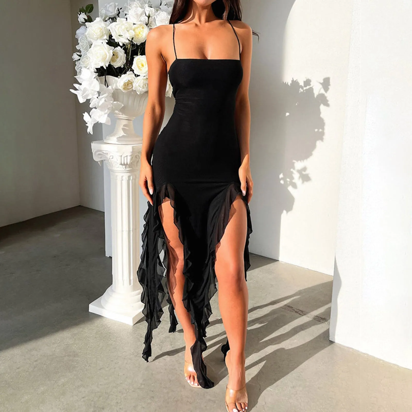 Retro Mood One-Shoulder Sexy Suspender Tight Slim Skirt Fashion Split Ruffle Design Dress Summer Womens Clothing