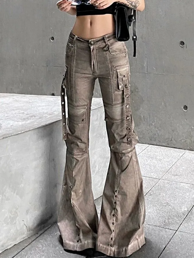 Women's Large Size Washed Brown Workwear Skinny Jeans Urban Cool