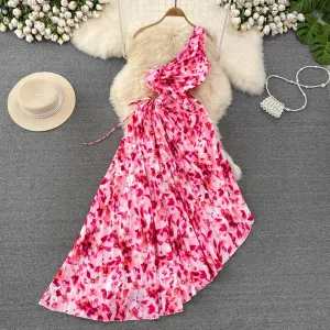 One Shoulder Hollow Print Flower Wrinkles Irregular Long Waist Waist Lace-Up Dress Holiday Beach Dress Balanced Lines Confident Mood
