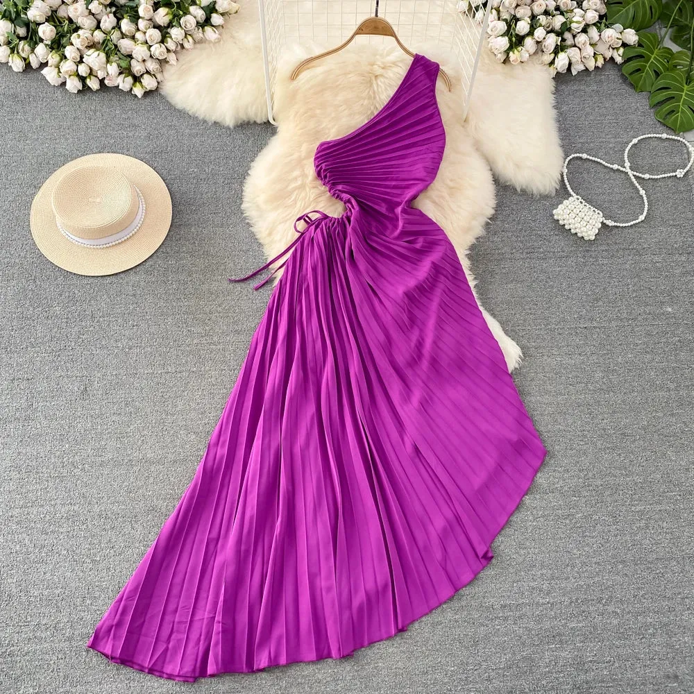 One Shoulder Hollow Print Flower Wrinkles Irregular Long Waist Waist Lace-Up Dress Holiday Beach Dress Breathable Design