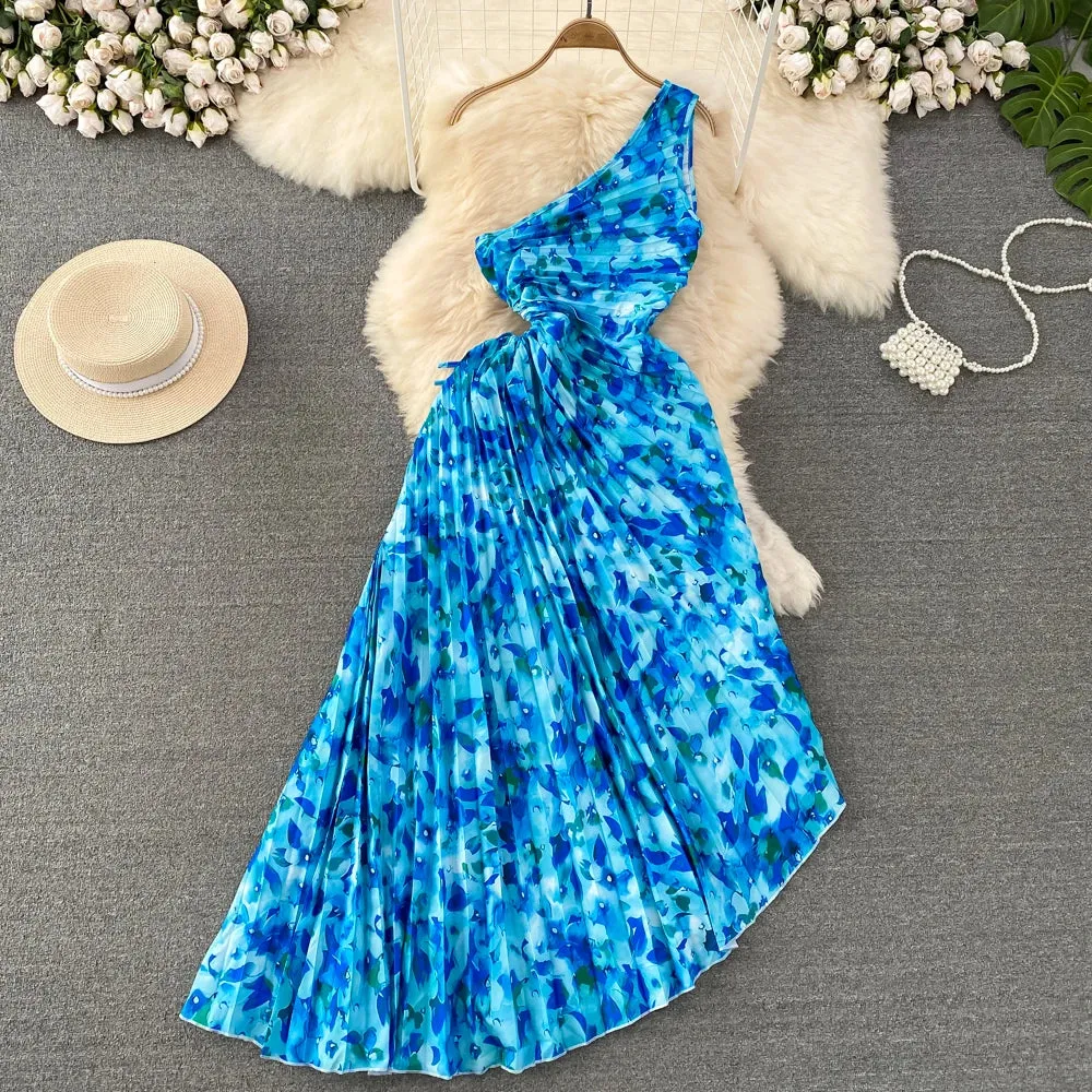 One Shoulder Hollow Print Flower Wrinkles Irregular Long Waist Waist Lace-Up Dress Holiday Beach Dress Fall Style
