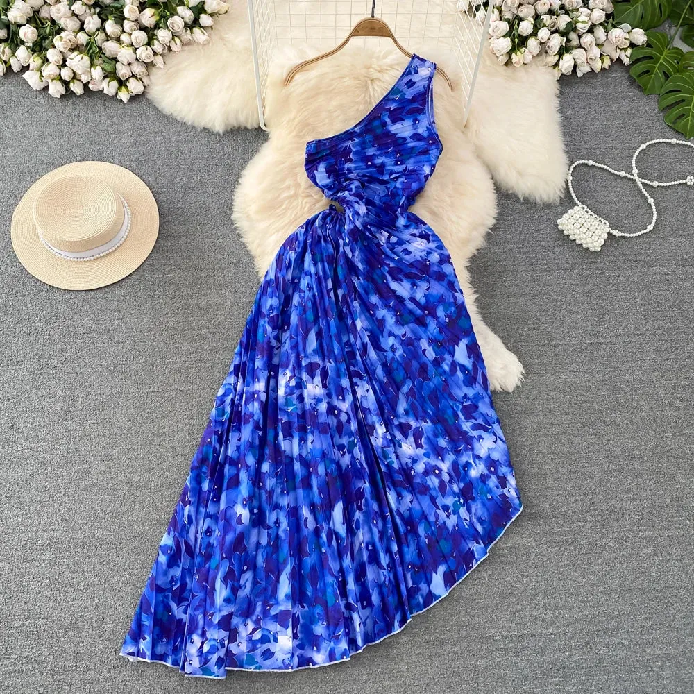 One Shoulder Hollow Print Flower Wrinkles Irregular Long Waist Waist Lace-Up Dress Holiday Beach Dress Classic Waistband Layering Fit