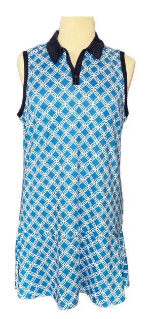 Lillie James Sky Blue & White Print Golf Dress Size XL Timeless Cut Slit Detail