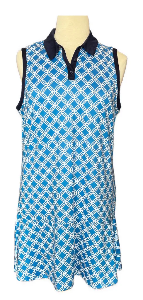 Lillie James Sky Blue & White Print Golf Dress Size XL Timeless Cut Slit Detail